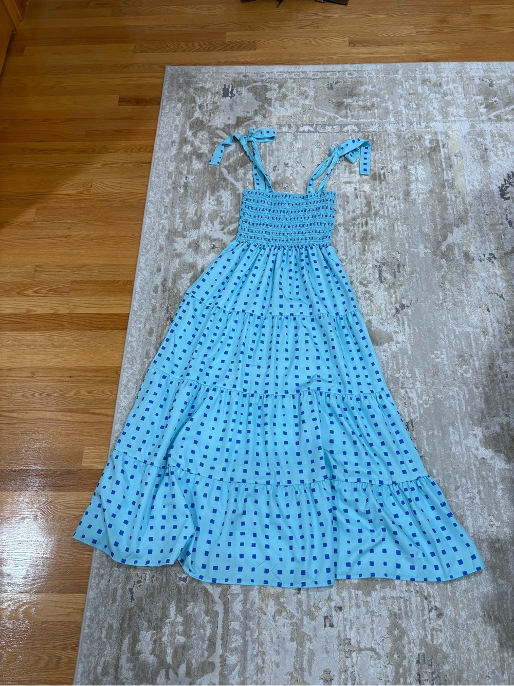 Smocked Tiered Maxi Dress with Tie Straps - Light Blue